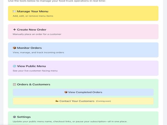 GrubCruz dashboard preview showing menu and orders
